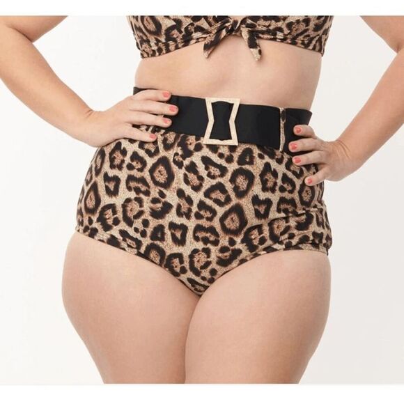 Unique Vintage Leopard Print High Waist Belted Swim Bottom XS - Picture 1 of 5